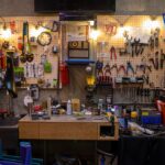 Workshop wall with tools and workbench